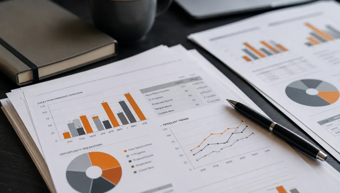 Business analysis workspace with charts and reports