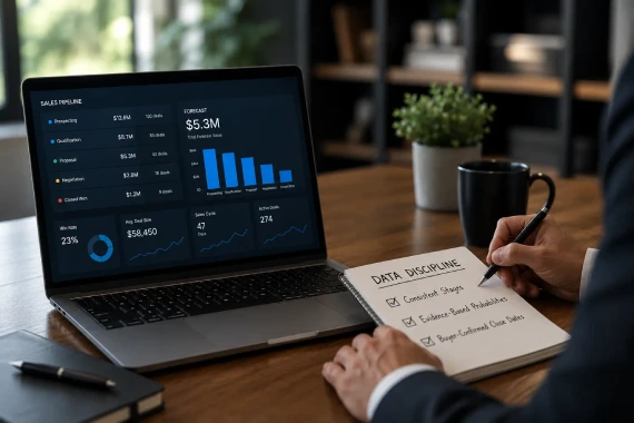Sales professional reviewing CRM dashboard alongside data discipline checklist for accurate sales forecasting.