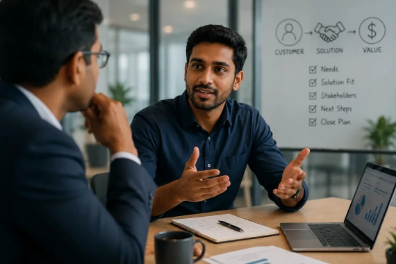 Sales representative confidently explaining a deal during a pipeline review meeting Sales representative confidently explaining a deal during a pipeline review meeting
