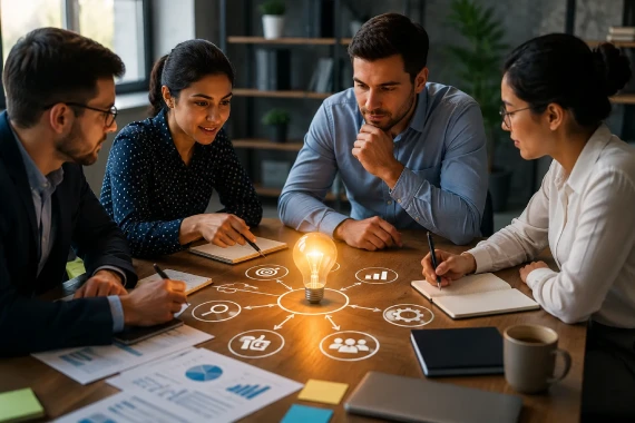 Sales team collaborating to define consistent qualification criteria during a strategy session. Sales team collaborating to define consistent qualification criteria during a strategy session.