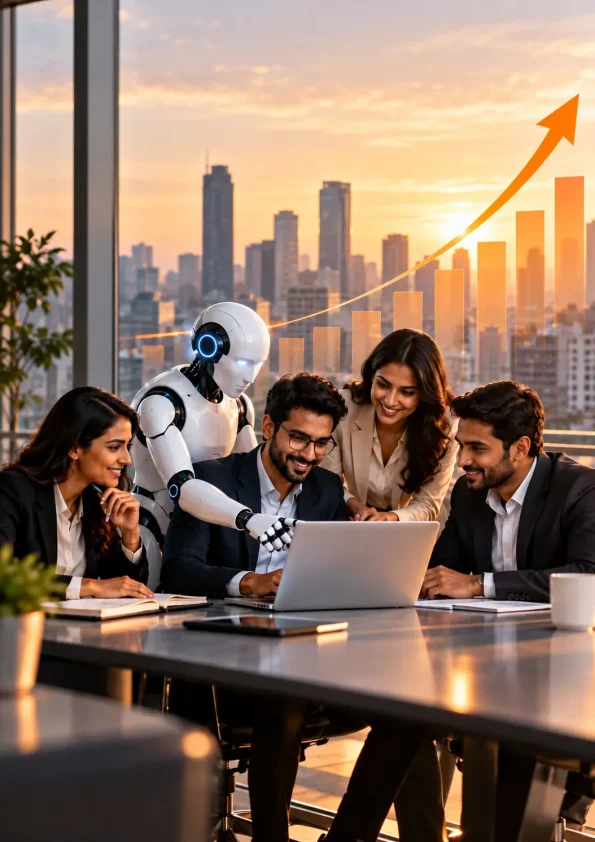 AI-powered sales team collaborating with a humanoid robot to improve sales productivity and drive business growth.