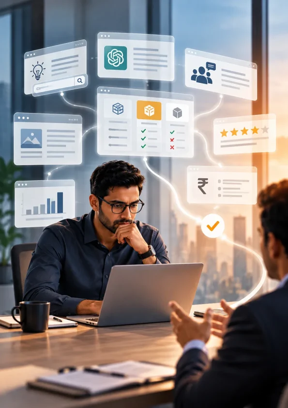 B2B buyer researching solutions, comparing vendors, reviewing pricing, and evaluating options before meeting a salesperson.