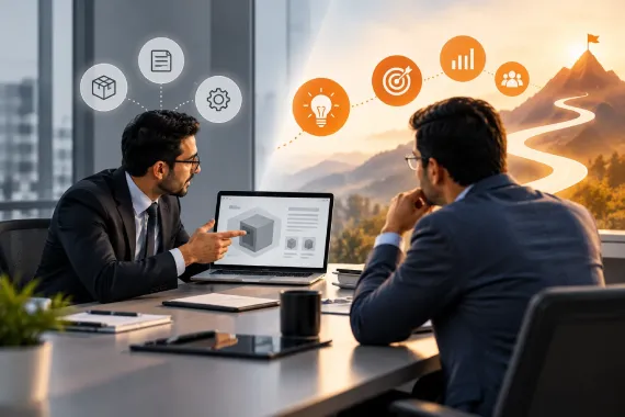 B2B sales professional helping a business buyer evaluate solutions and make informed decisions B2B sales professional helping a business buyer evaluate solutions and make informed decisions